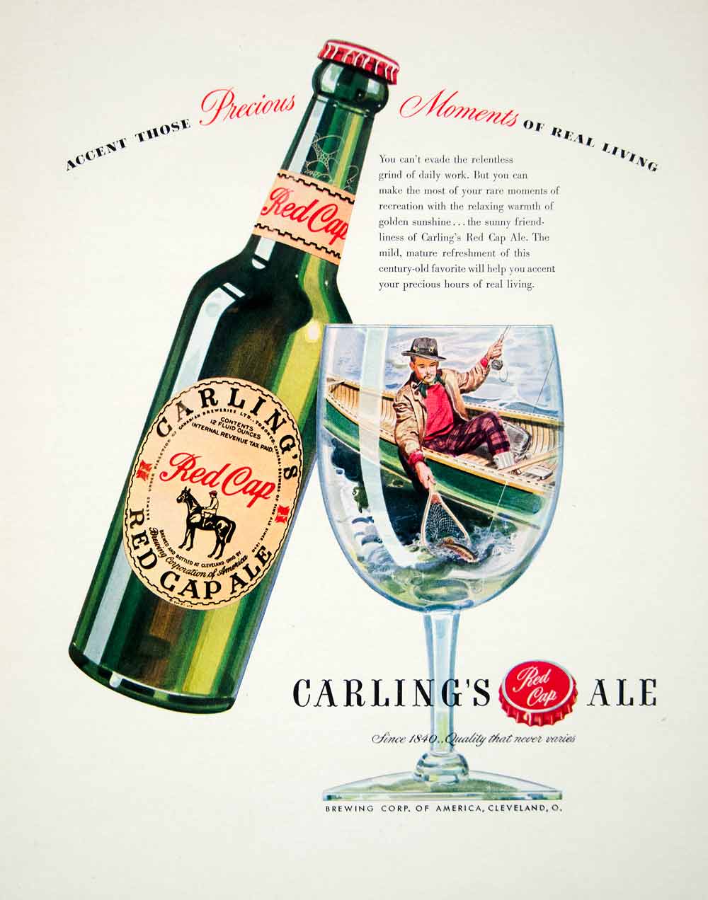 1946 Ad Carlings Red Cap Ale Alcohol Brew Beverage Horse Boat Fish Drink FTM1