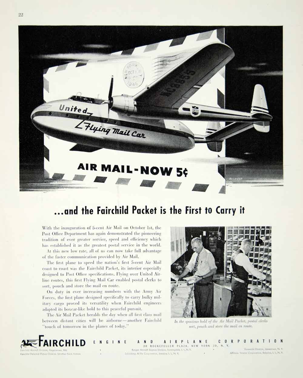 1946 Ad Fairchild Engine Airplane Corporation Aviation Mail Carrier Fly FTM1