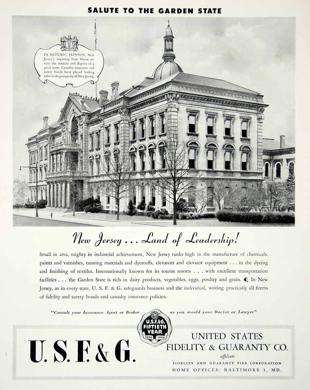1946 Ad United States Fidelity Guaranty New Jersey State House Garden FTM4