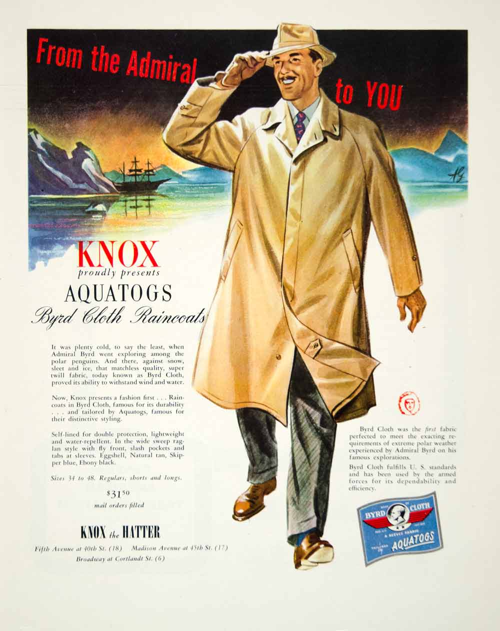 1945 Ad Byrd Know Aquatogs Raincoat Hatter Cloth A.G. Ship Polar Men's FTM4