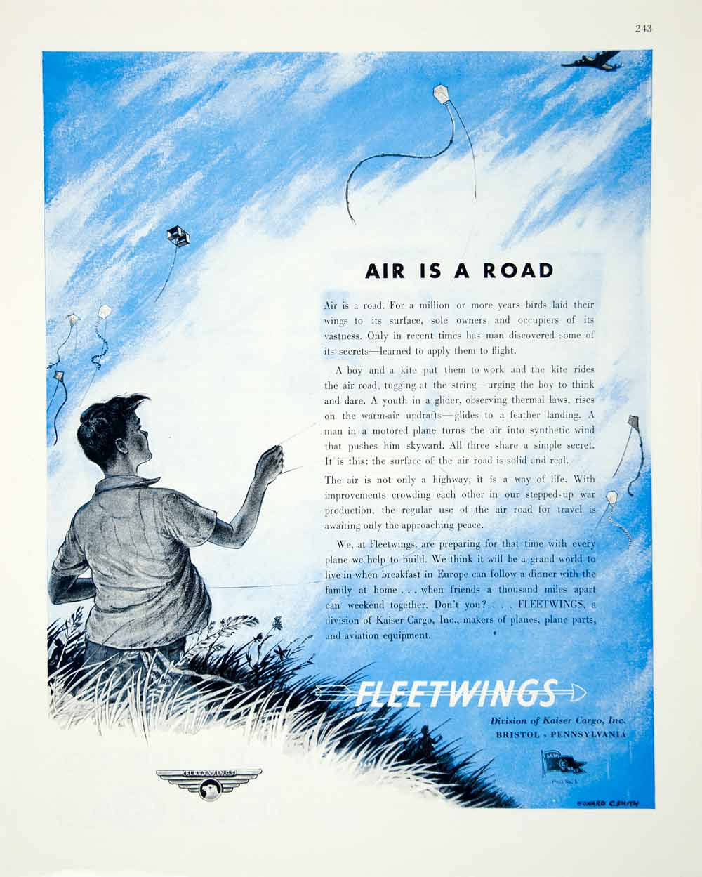 1943 Ad Fleetwings Kaiser Cargo Boy Kite Flying Blue Sky Aviation FTM4