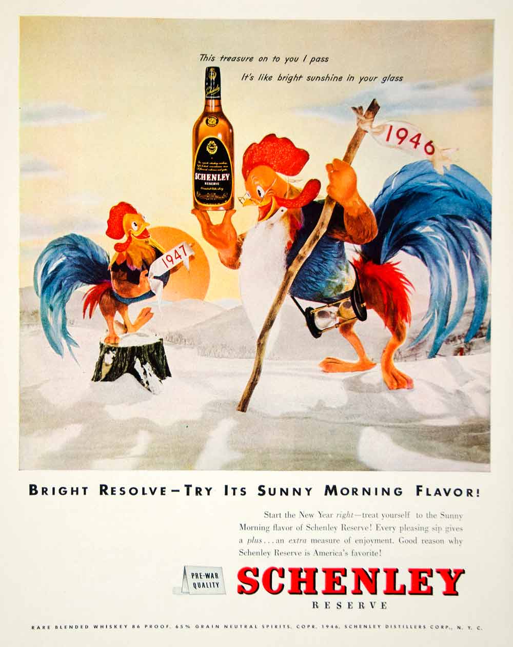 1947 Ad New Year Schenley Reserve Blended Whiskey Whisky Rooster Alcohol FTM