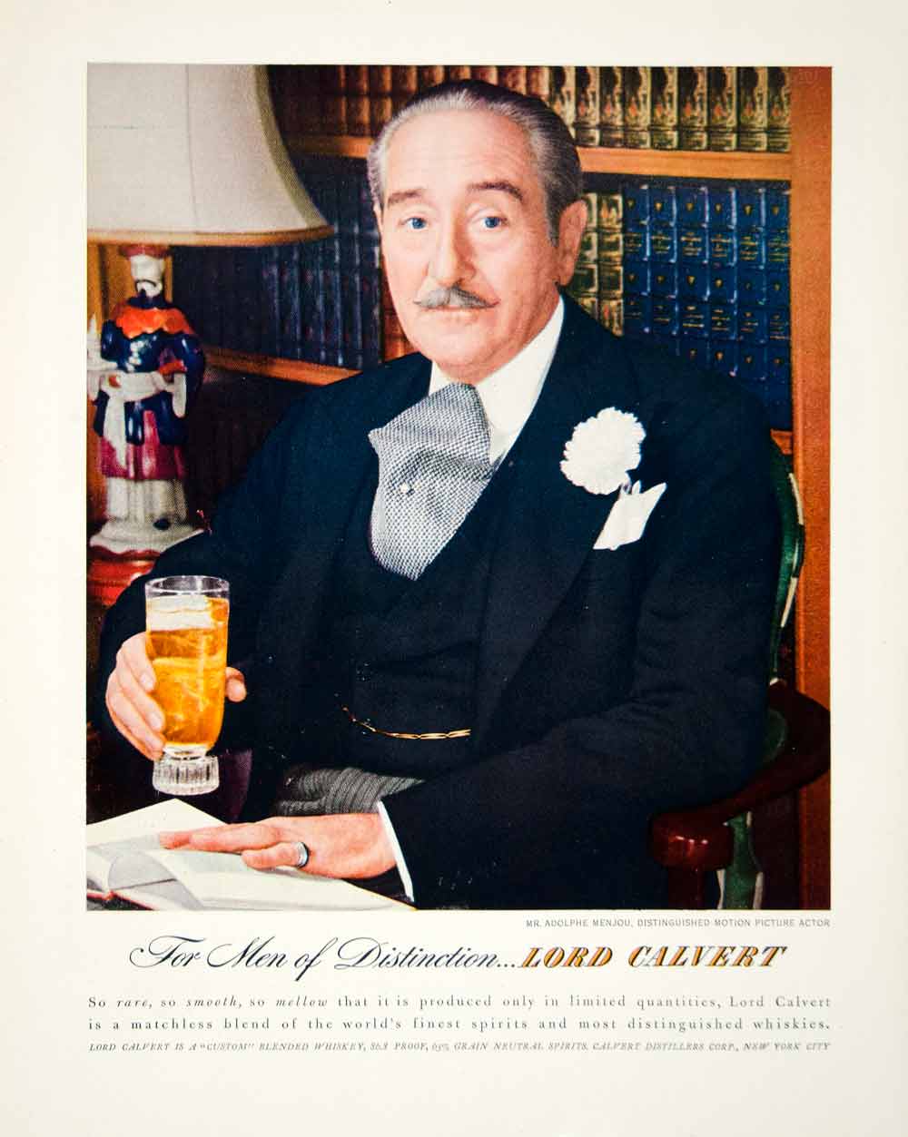 1947 Ad Lord Calvert Adolphe Menjou Actor Blended Whisky Alcohol Drink FTM