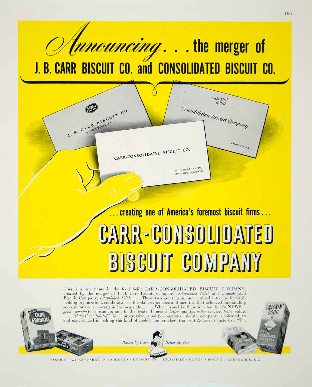 1947 Ad Carr-Consolidated Biscuit J. B. Carr Merging Cookies Crackers FTM