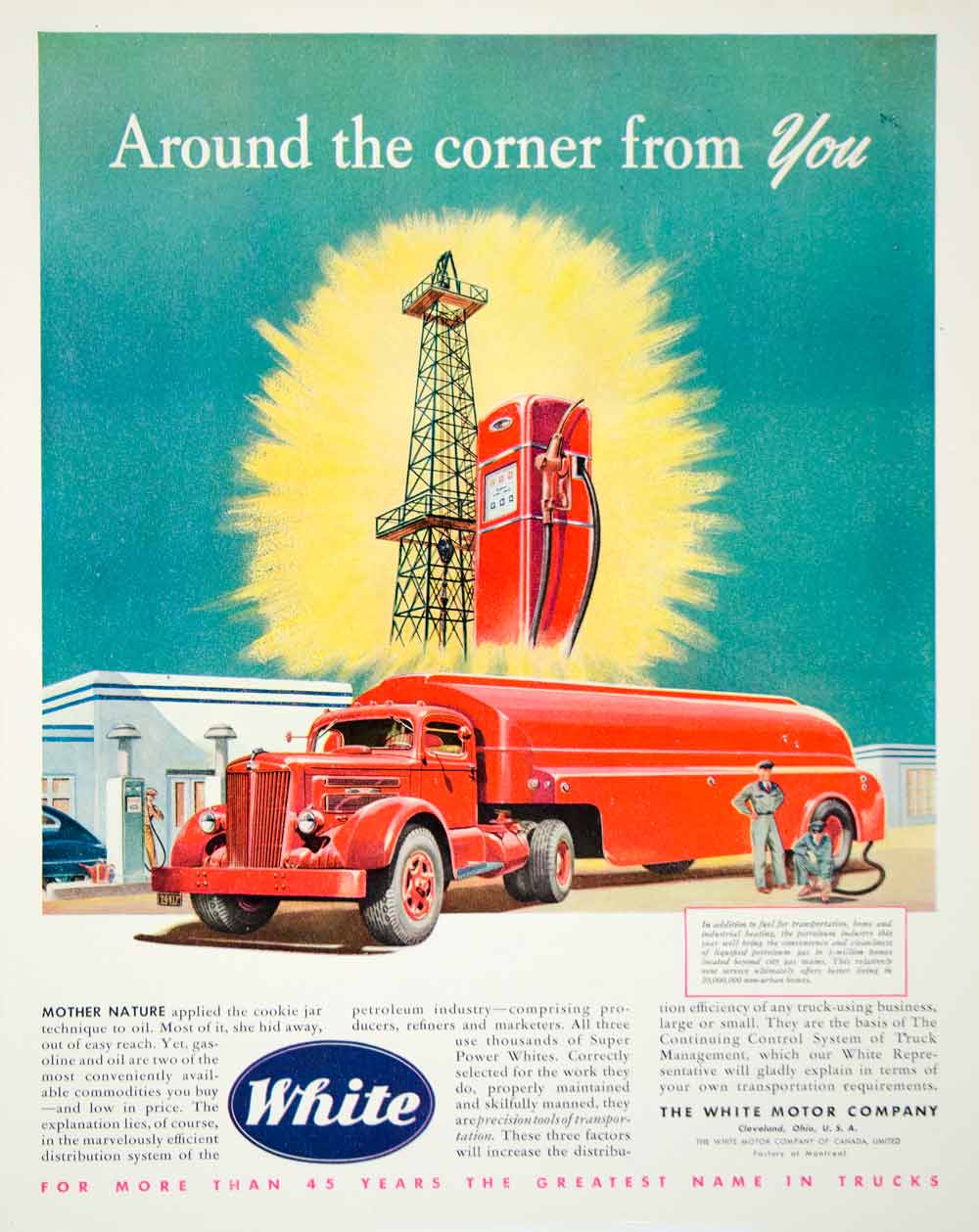 1947 Ad White Motor Truck Petroleum Gasoline Pump Fuel Super Power Transport FTM