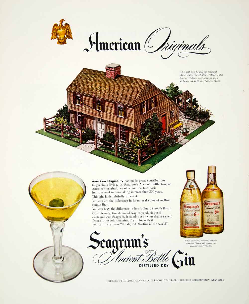 1947 Ad Seagram's Gin Bottle Salt Box House Martini Alcohol Drink Distilled FTM