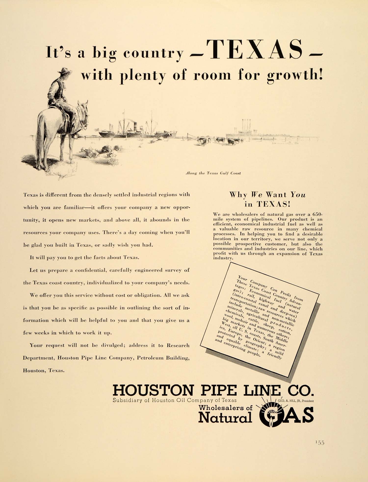 1939 Ad Houston Pipe Line Oil Texas Gulf Coast Cowboy - ORIGINAL FTT9