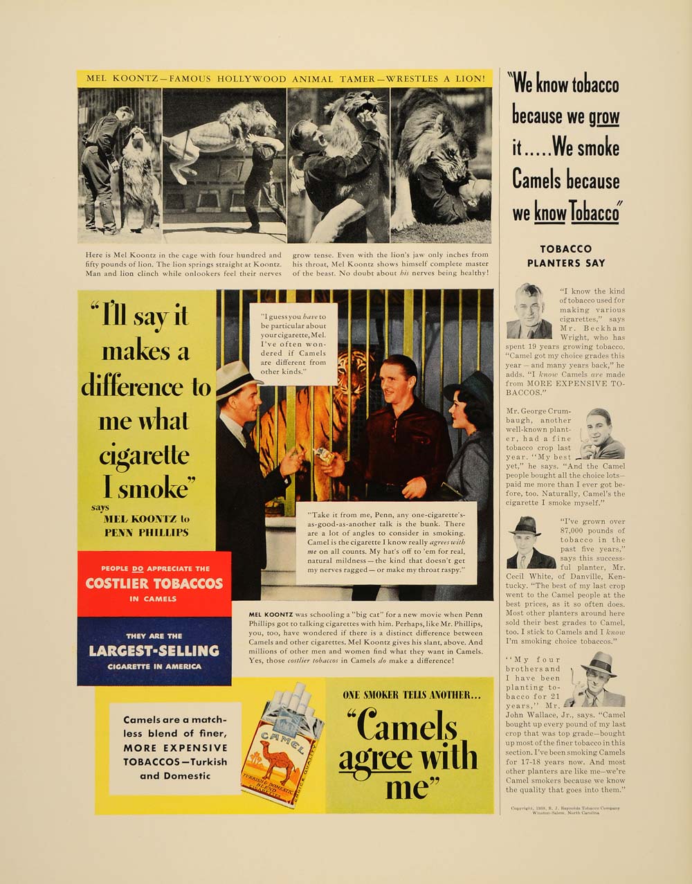 1938 Ad Camels Tobacco Cigarettes Animal Tamer Koontz - ORIGINAL FTT9