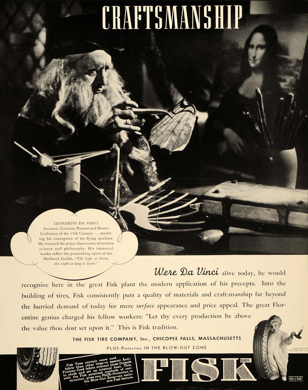 1937 Ad Fisk Tire Leonardo Da Vinci Mona Lisa Painting - ORIGINAL FTT9