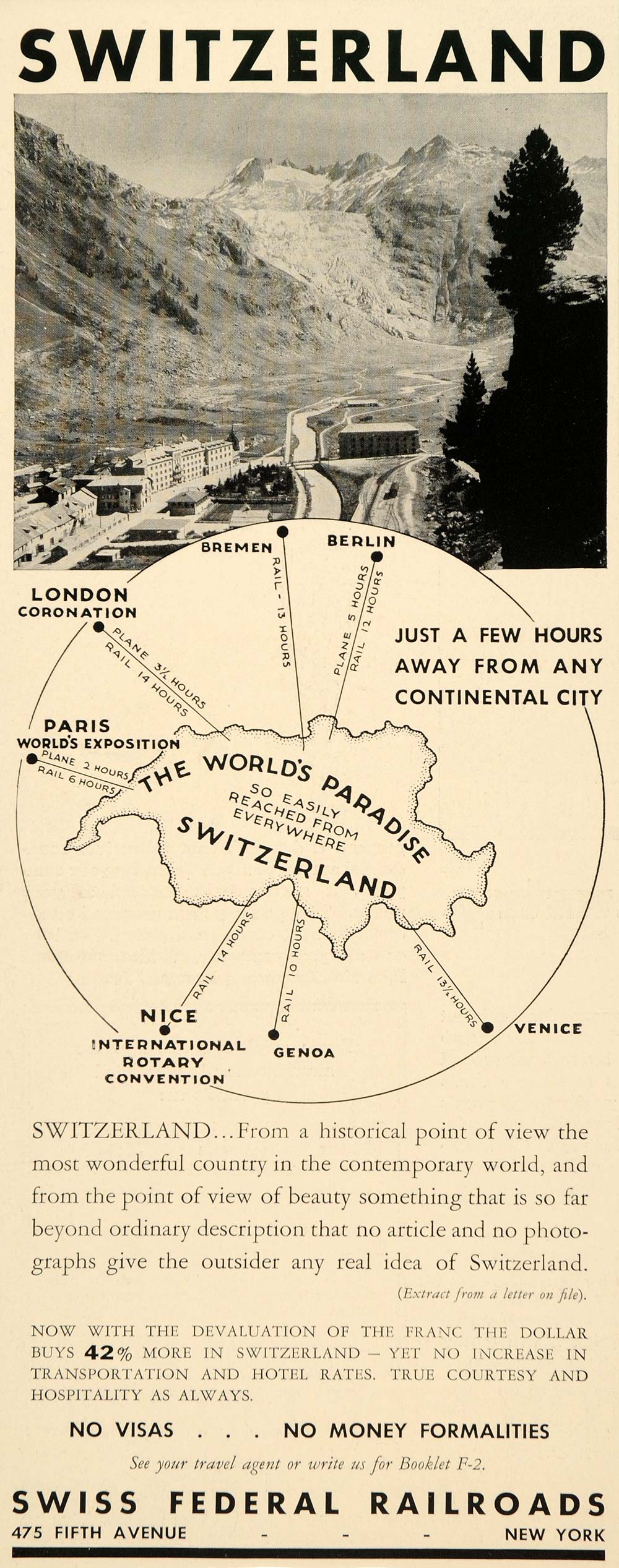 1937 Ad Swiss Federal Railroads Switzerland Vacation - ORIGINAL ADVERTISING FTT9