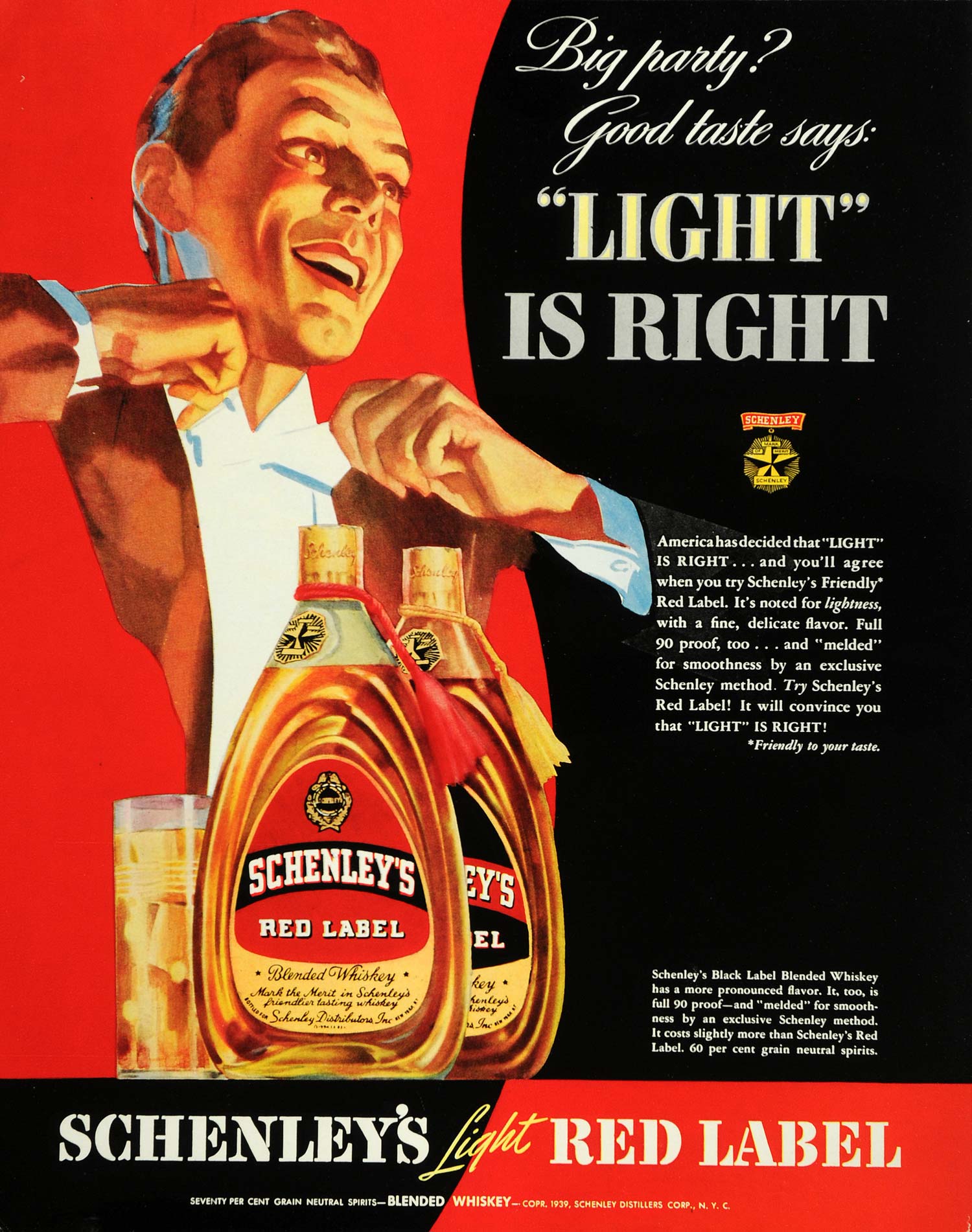 1939 Ad Schenleys Light Red Label Whiskey American Tux - ORIGINAL FTT9