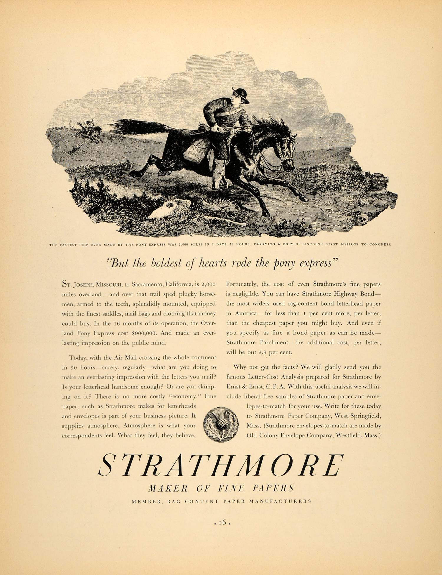 1937 Ad Strathmore Fine Papers Pony Express Lincoln - ORIGINAL ADVERTISING FTT9