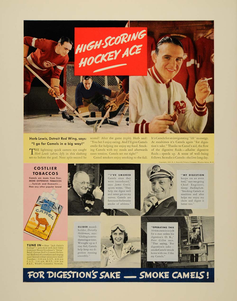 1937 Ad Camels Tobacco Cigarettes Herb Lewis Hockey - ORIGINAL ADVERTISING FTT9