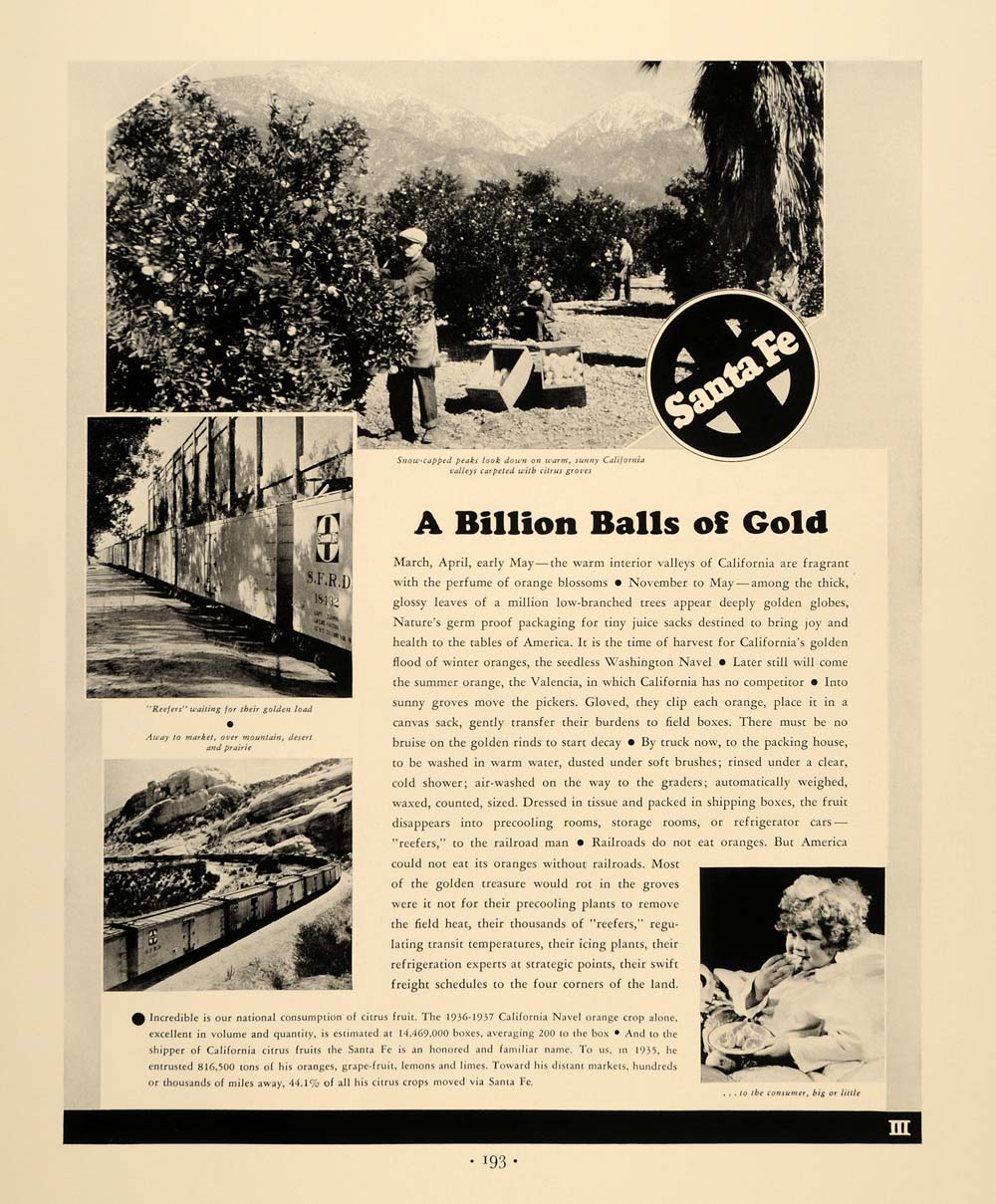 1937 Ad Santa Fe Gold California Orange Blossom Train - ORIGINAL FTT9