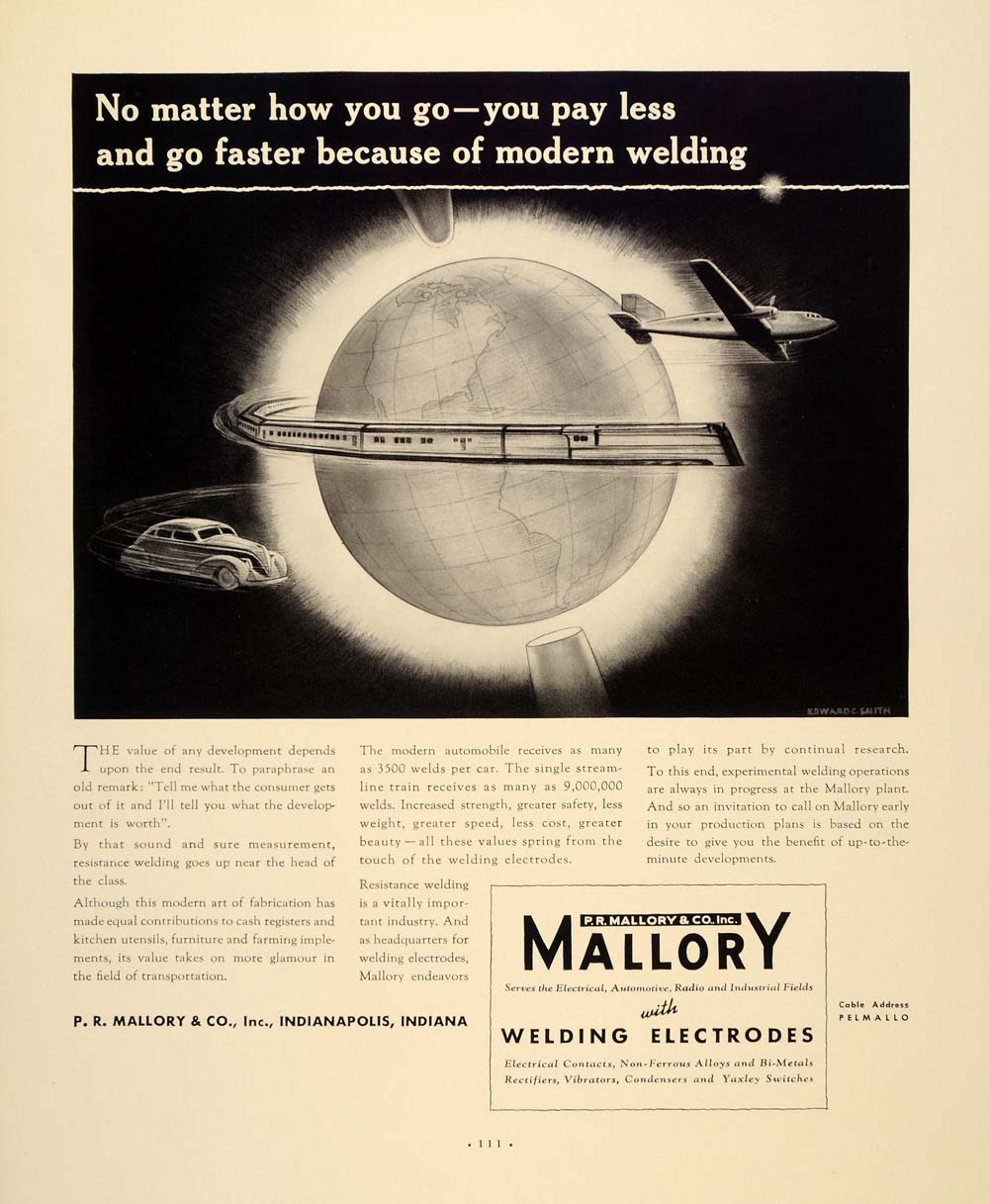 1938 Ad Mallory Plant Welding Edward C Smith Indiana - ORIGINAL ADVERTISING FTT9