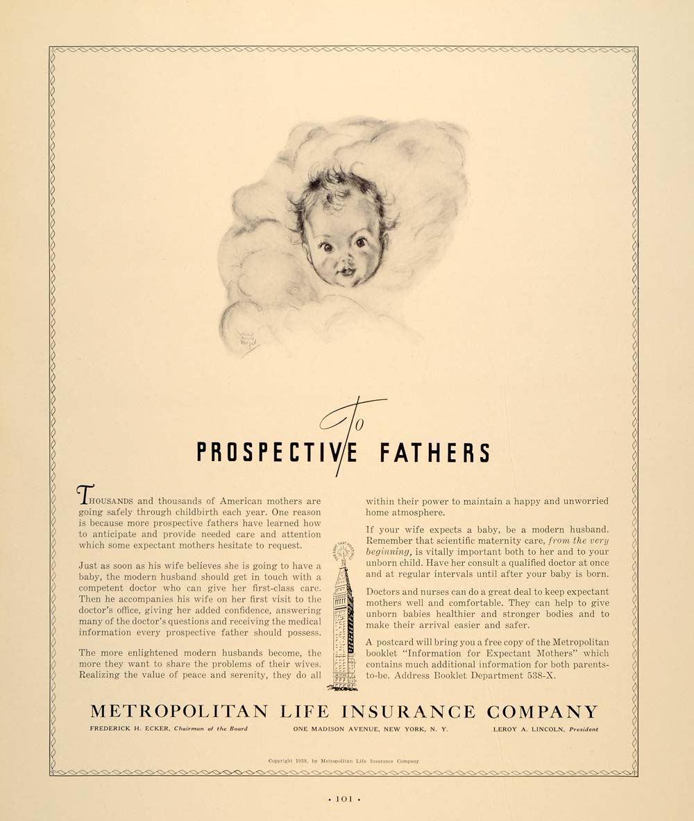 1938 Ad Metropolitan Life Insurance Company Baby Art - ORIGINAL ADVERTISING FTT9