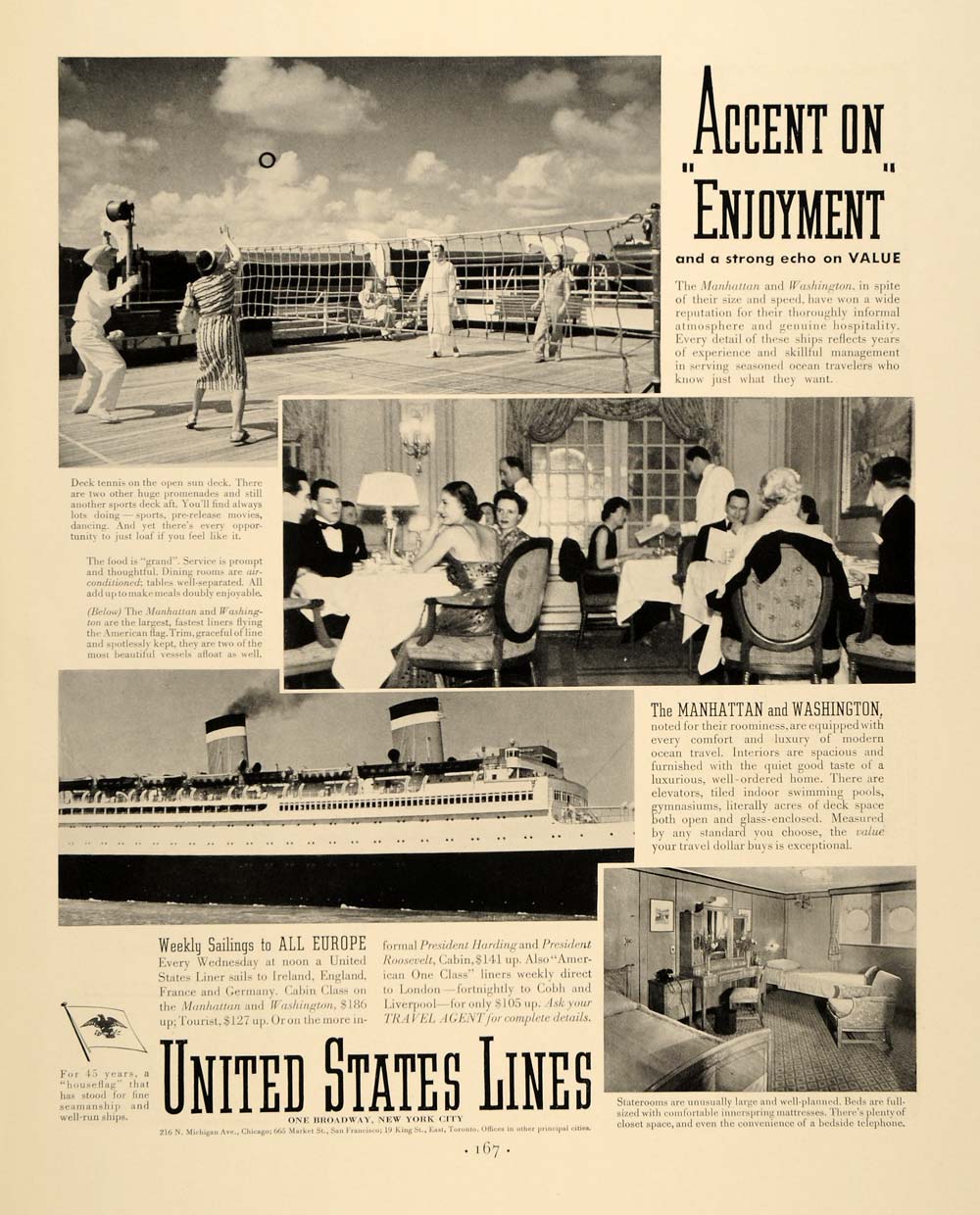 1938 Ad Manhattan Washington Cruise Ship Cabin Tennis - ORIGINAL FTT9