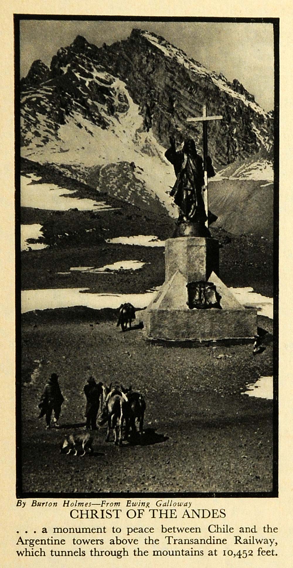 1930 Print Christ Andes Religion Chile Argentine Tower Transandine Railway FZ1