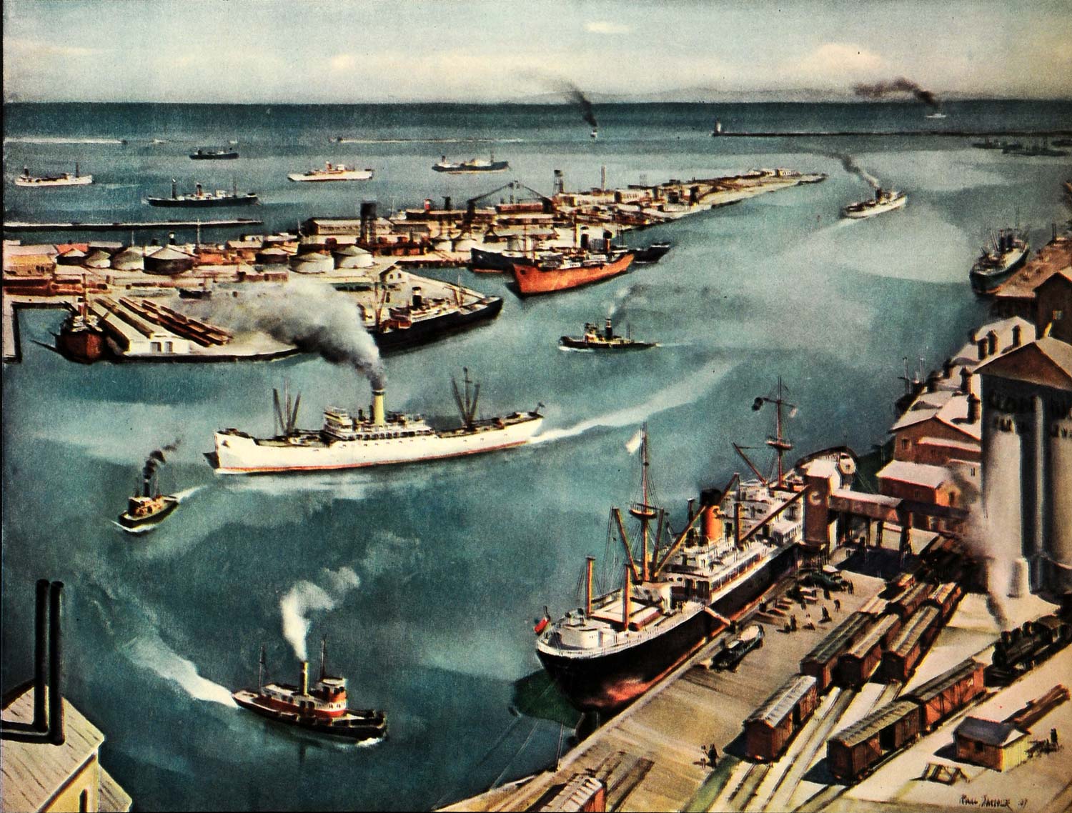 1937 Print Los Angeles Port Ship Export Trade Paul Sample California Dock FZ3