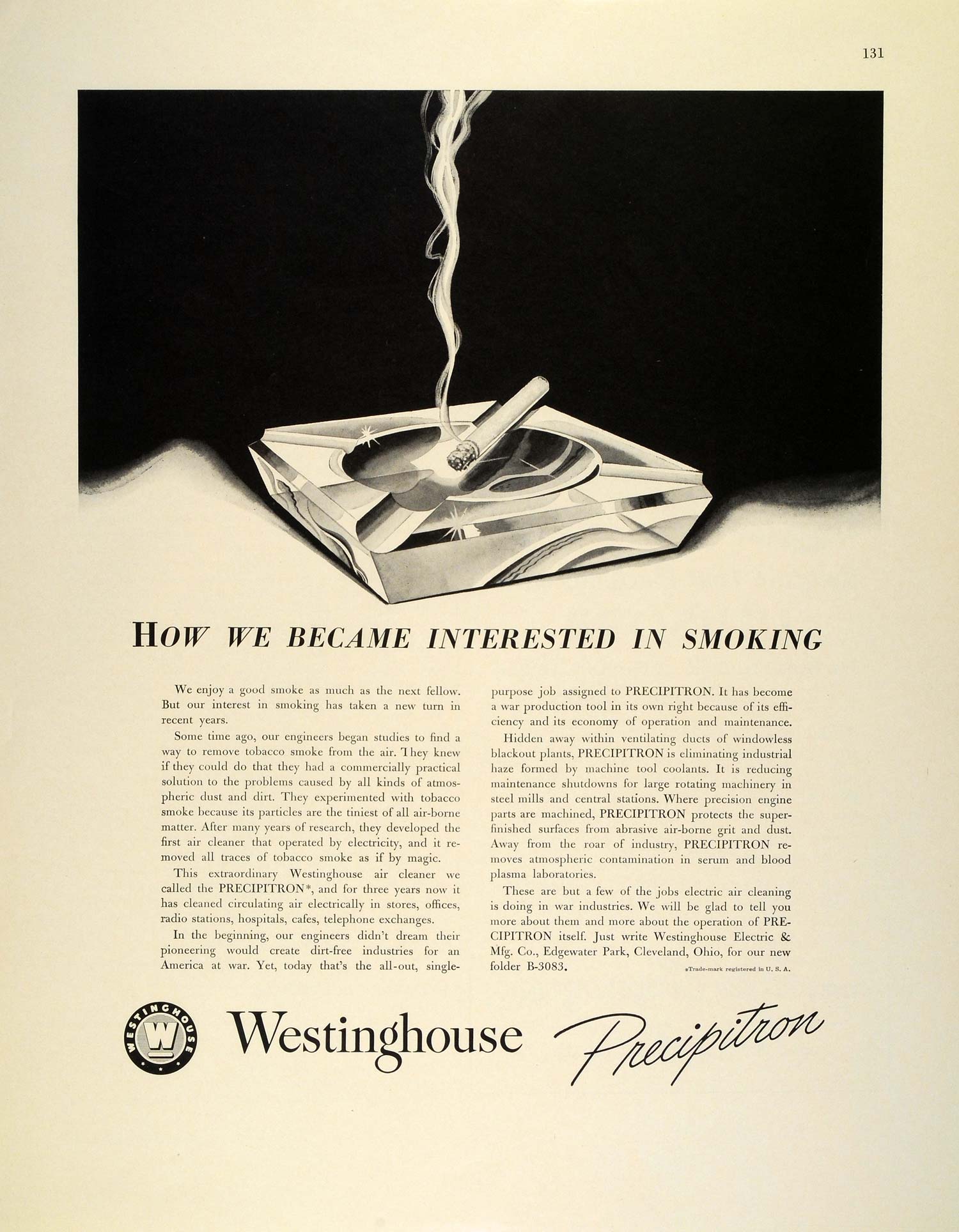 1942 Ad Interested Cigarette Smoking Westinghouse Precipitron Air Cleaner FZ4