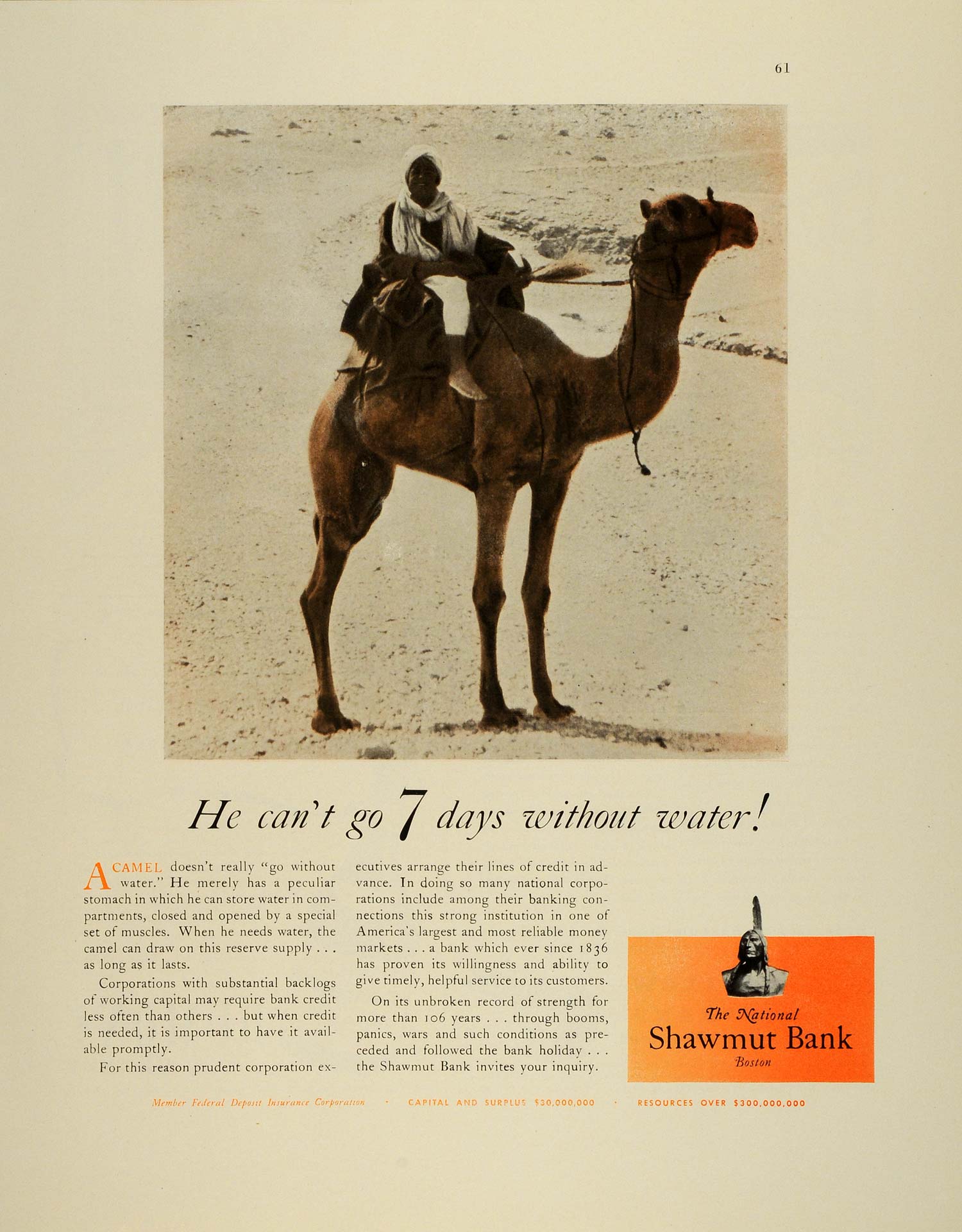 1943 Ad National Shawmut Bank Boston Native American Indian Logo Camel FZ5