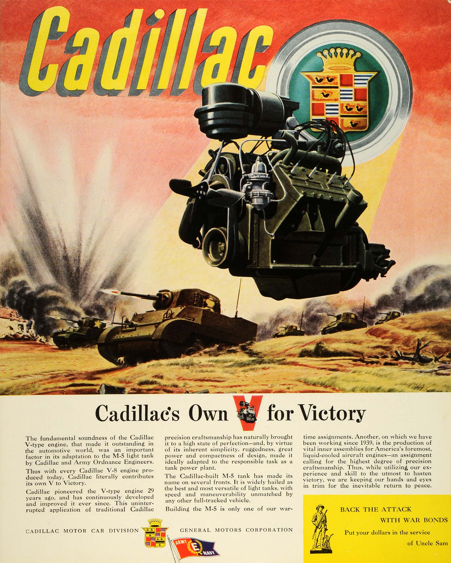 1943 Ad Cadillac M5 Light Tank Military WWII War Production Army Navy E Flag FZ6