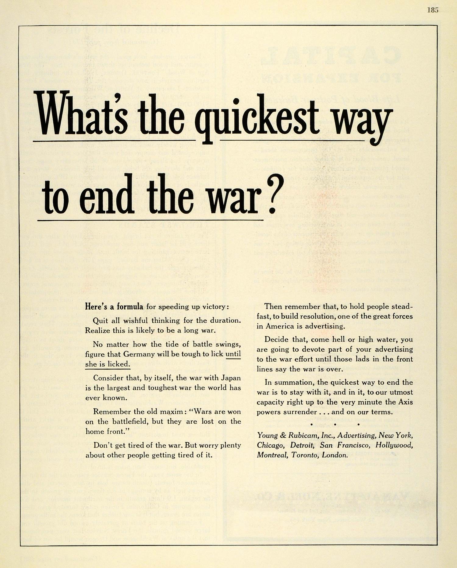 1945 Ad Young Rubicam Advertising Agency Firm WWII End War Quick Victory FZ6