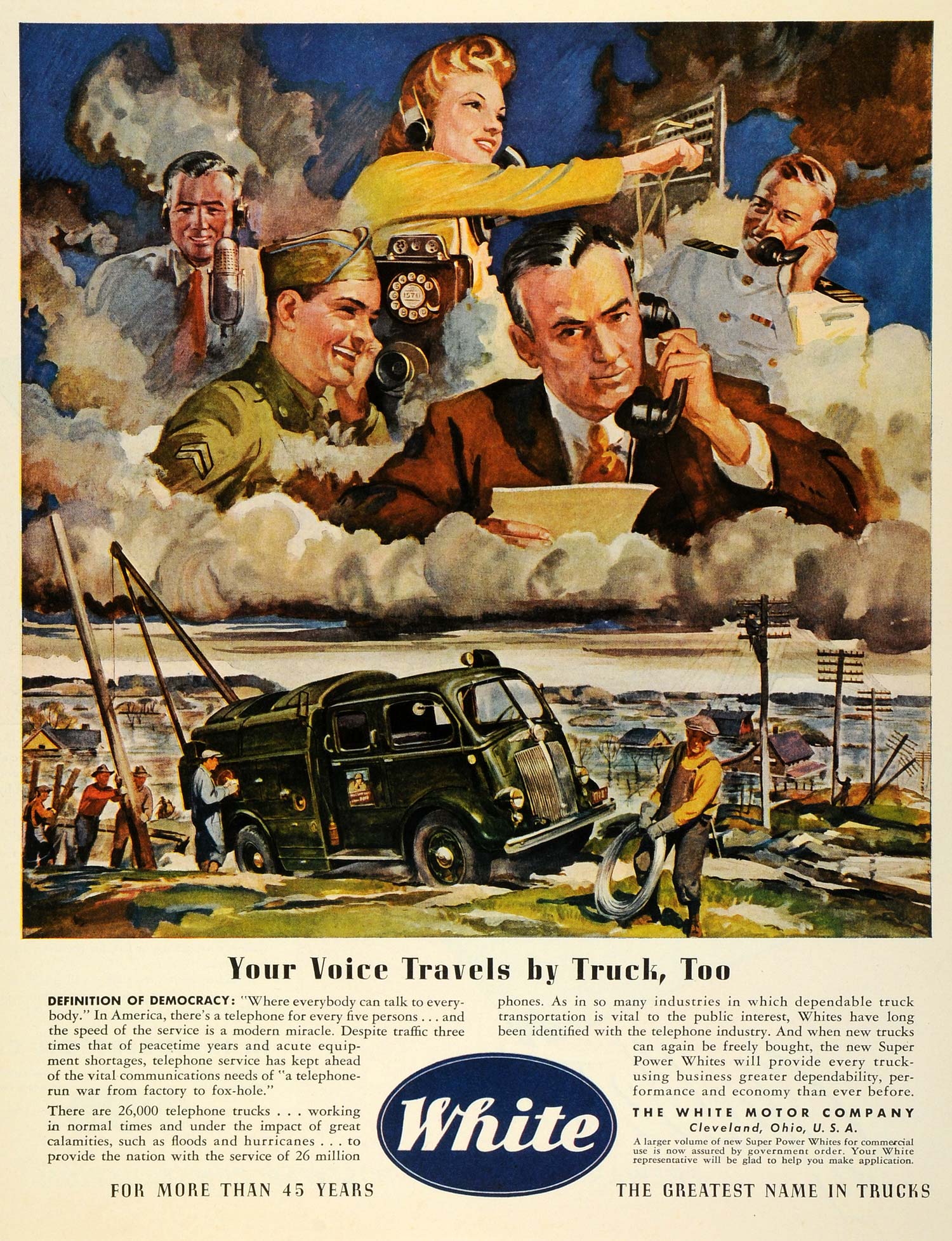 1945 Ad White Motor Co Home Front Telecommunications Wires Phone Truck WWII FZ8