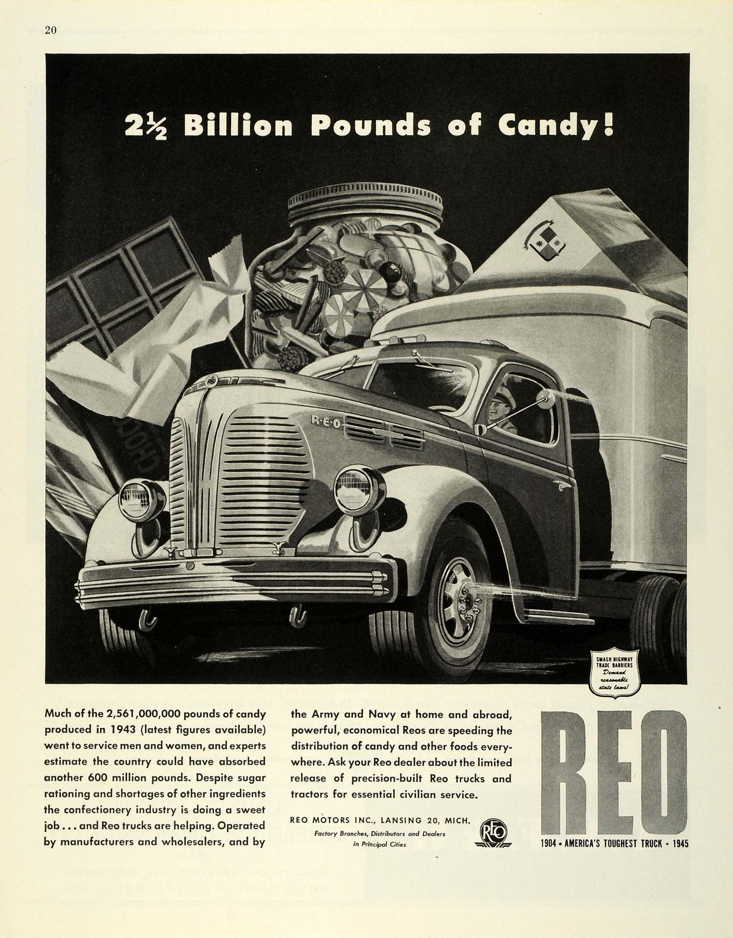 1945 Ad Reo Motors Truck Logo Driver Candy War Equipment WWII Sugar FZ8