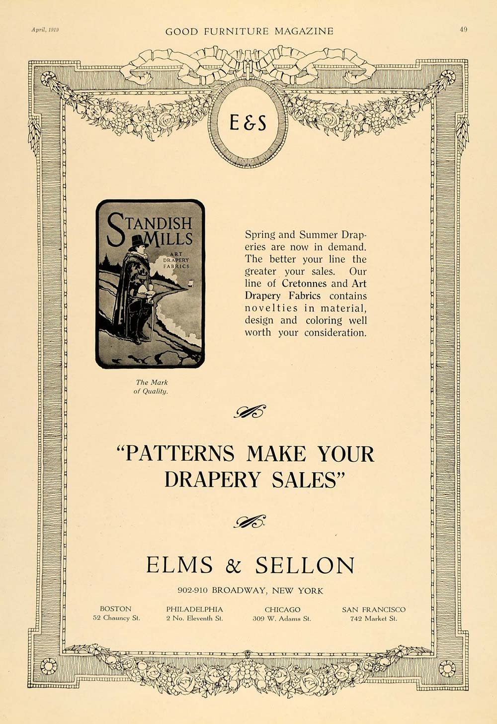 1919 Ad Elms Sellon Cretonnes Art Drapery Fabrics Decor - ORIGINAL GF1