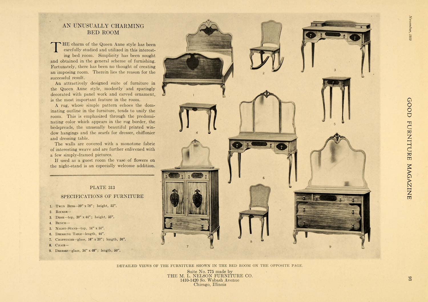 1919 Print M. L. Nelson Furniture Queen Anne Bedroom - ORIGINAL HISTORIC GF2