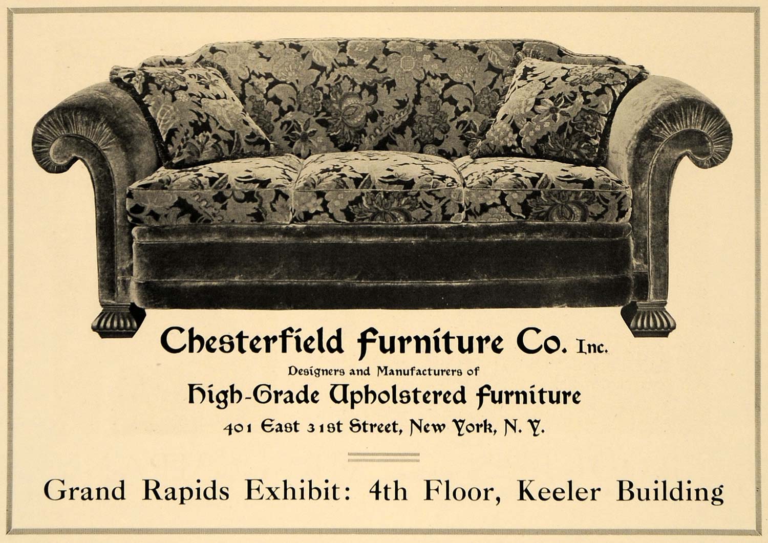 1919 Ad Chesterfield Furniture Upholstered Couch NY - ORIGINAL ADVERTISING GF2