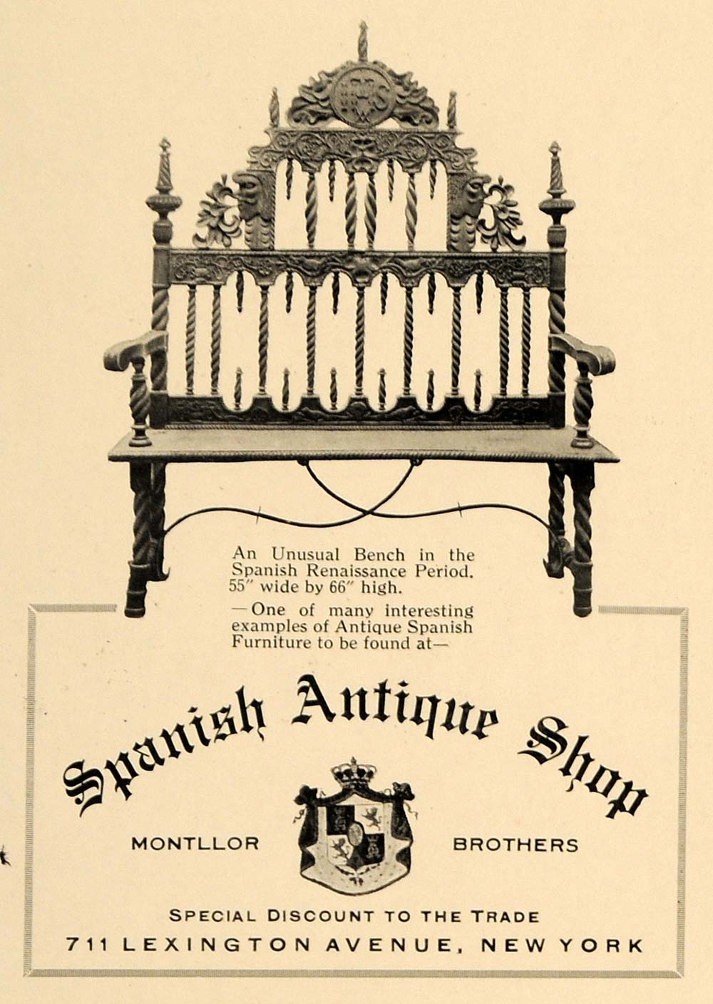 1919 Ad Spanish Antique Shop Renaissance Period Bench - ORIGINAL ADVERTISING GF2