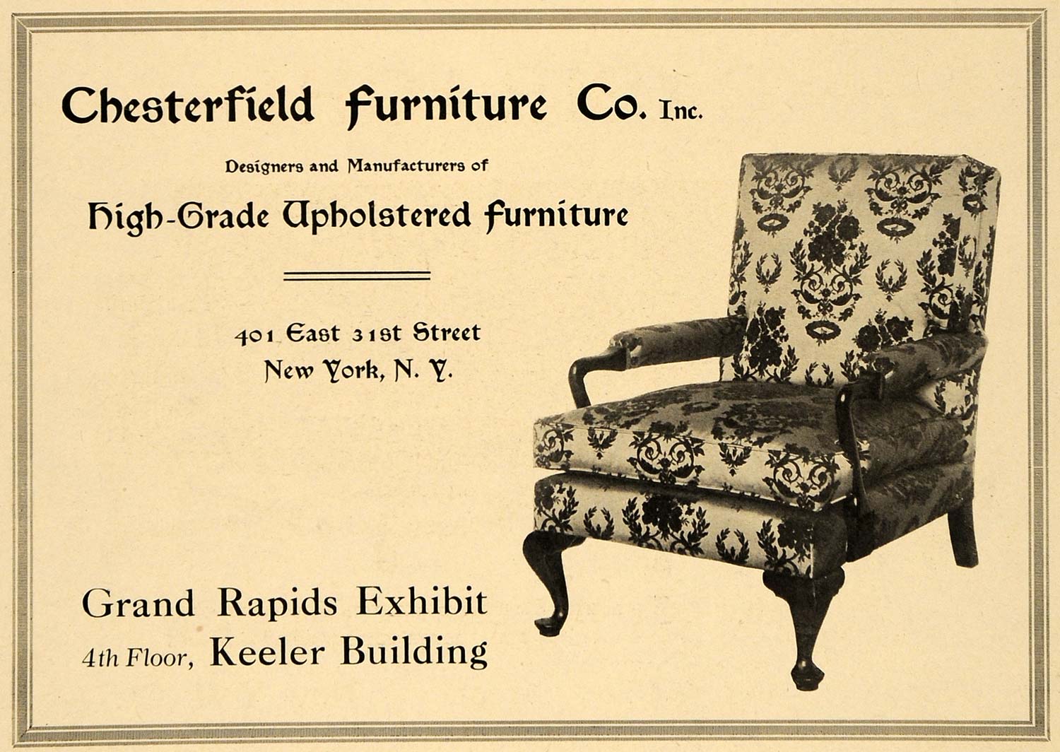 1920 Ad Chesterfield Upholstered Furniture Chair NY - ORIGINAL ADVERTISING GF2