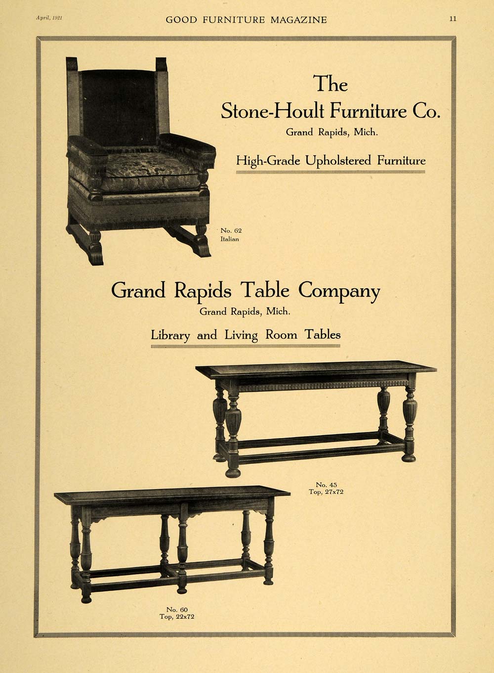 1921 Ad Stone-Hoult Furniture Co Grand Rapids Table Co - ORIGINAL GF4