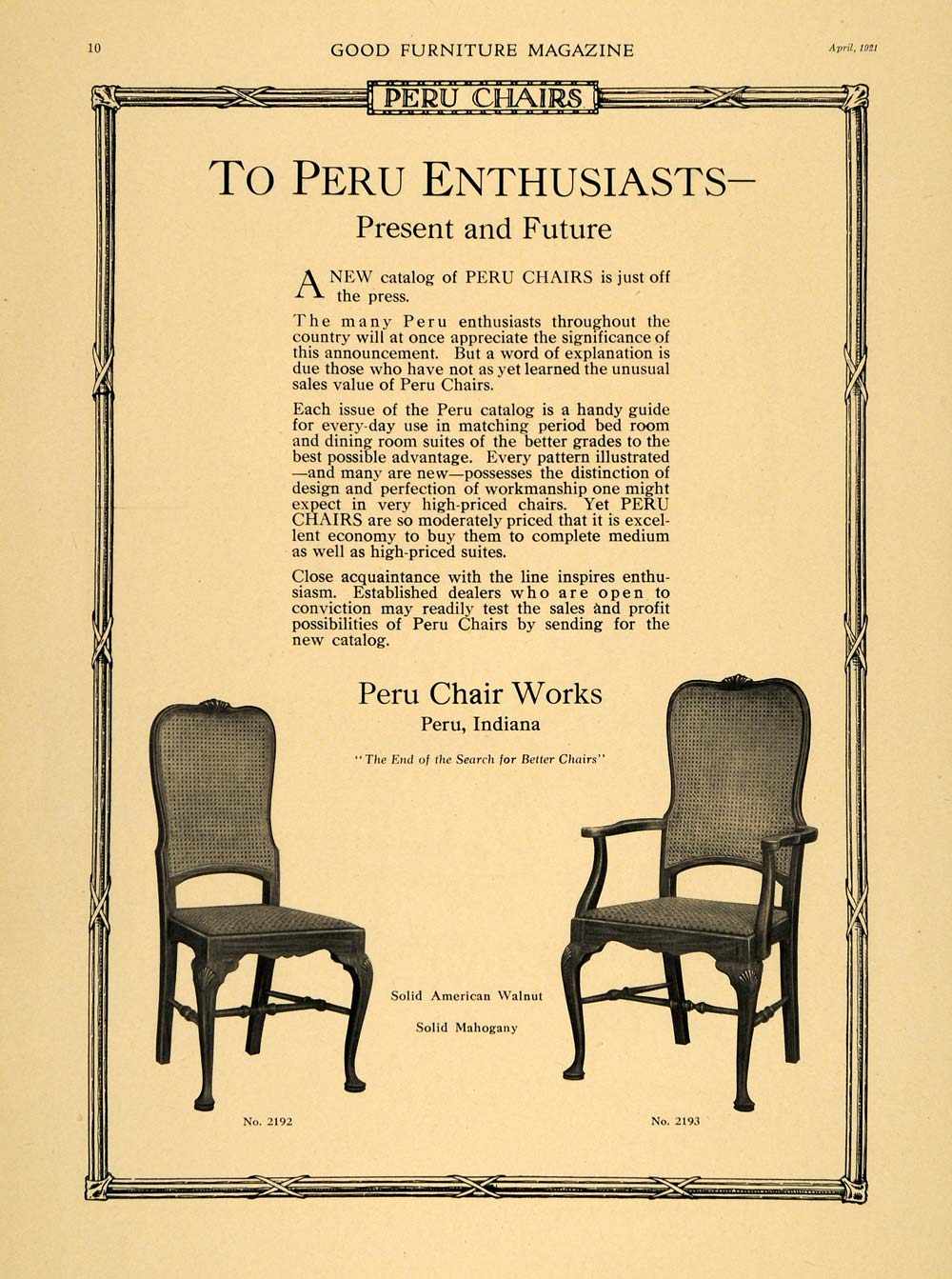 1921 Ad Peru Chair Works Furniture Bedroom Dining Room - ORIGINAL GF4