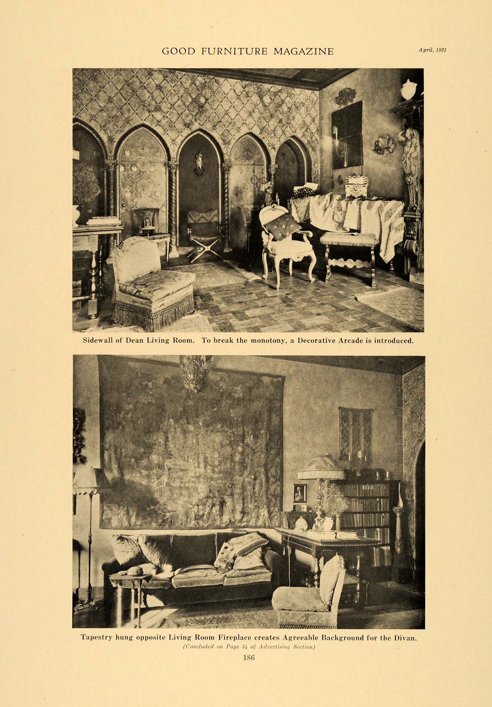 1921 Print Clarence Dean Living Room Wall Fireplace - ORIGINAL HISTORIC GF4