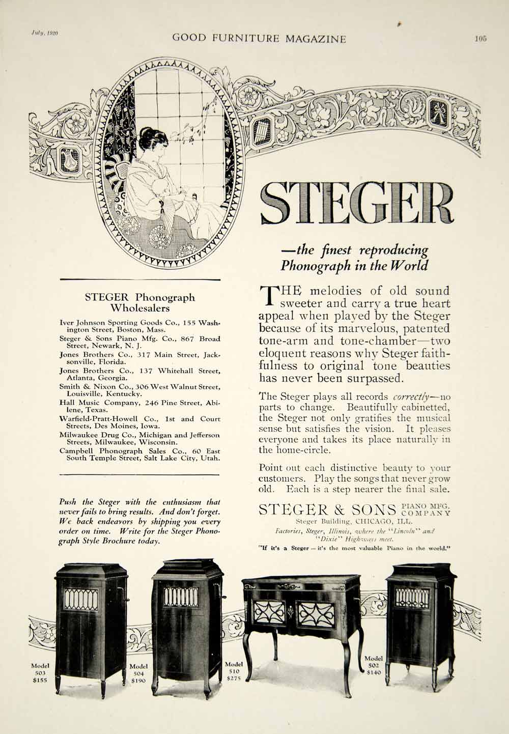 1920 Ad Steger Phonograph Models 502 503 504 510 Record Player Antique GF5