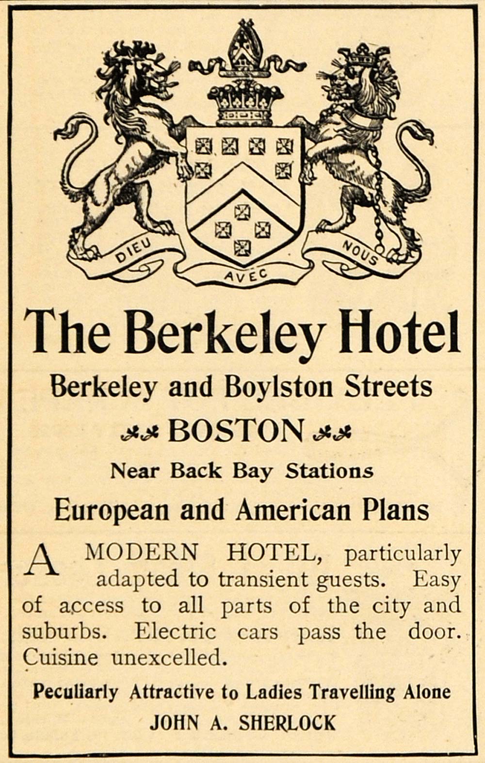 1902 Ad Berkeley Hotel Boston Ladies Traveling Alone - ORIGINAL ADVERTISING GH2