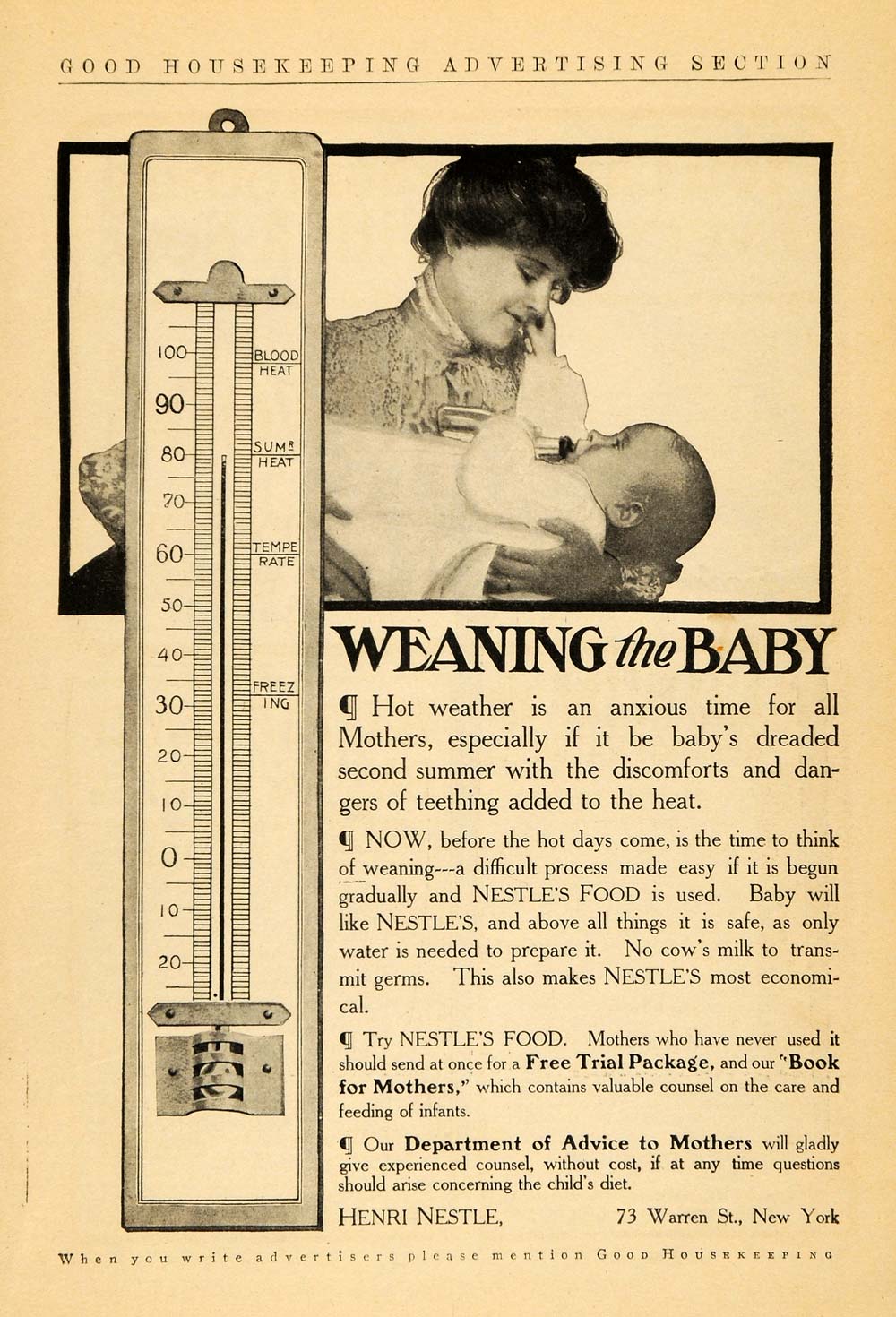 1905 Ad Henri Nestle Food Weaning Babies Thermometer - ORIGINAL ADVERTISING GH2