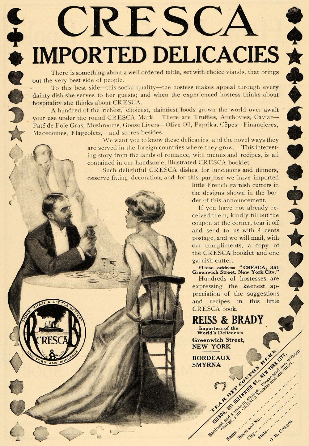 1910 Ad Reiss & Brady Canned Food Restaurant Dining - ORIGINAL ADVERTISING GH2