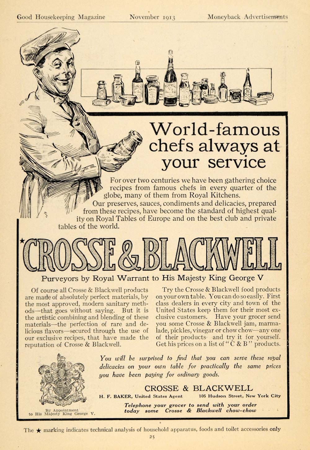 1913 Ad Crosse Blackwell Chef Majesty King George Logo - ORIGINAL GH3