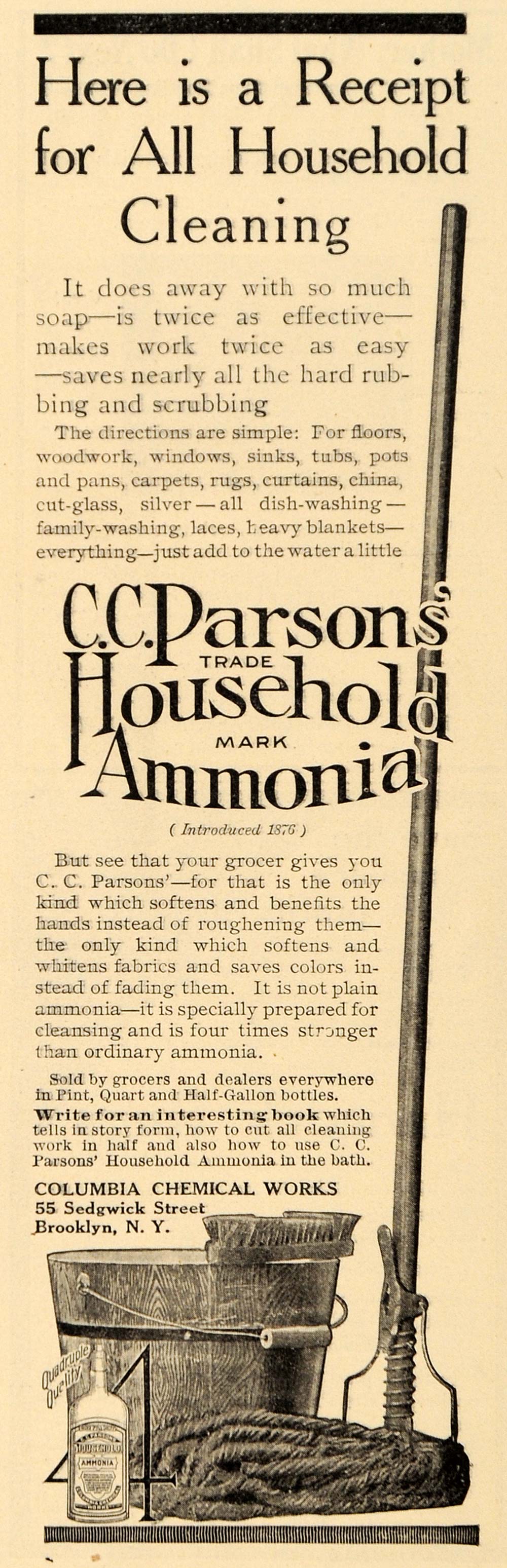 1909 Ad Columbia Chemical Works CC Cleaning Ammonia - ORIGINAL ADVERTISING GH3