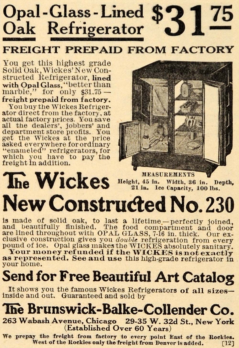 1911 Ad Brunswick-Balke-Collender Co Glass Refrigerator - ORIGINAL GH3