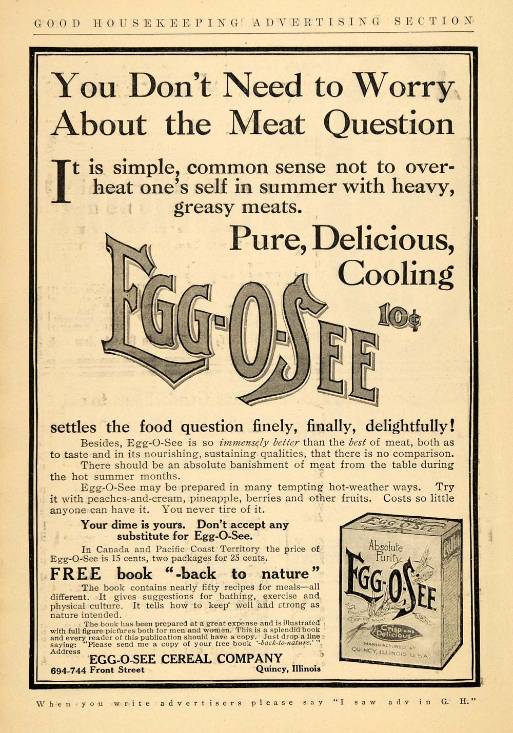 1906 Ad Egg-O-See Cereal Meat Quincy Illinois Breakfast - ORIGINAL GH3