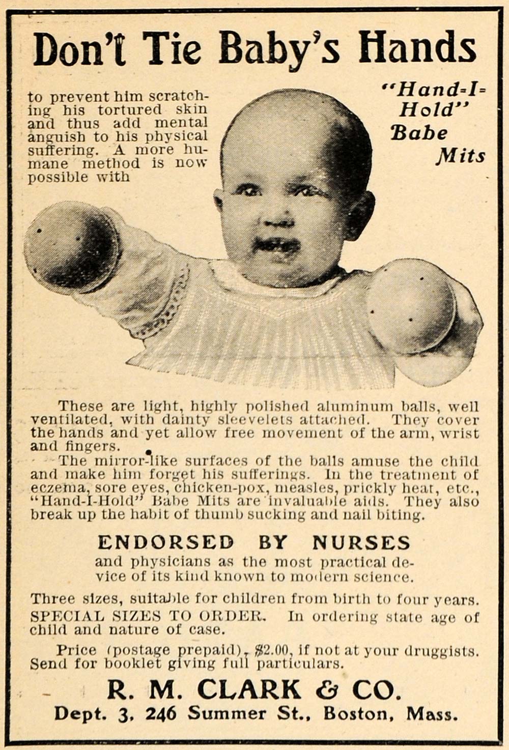 1906 Ad Hand-I-Hold Babe Aluminum Mits R. M. Clark - ORIGINAL ADVERTISING GH3