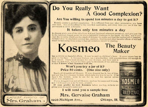 1906 Ad Mrs. Gervaise Graham Kosmeo Toilet Beauty Cream - ORIGINAL GH3