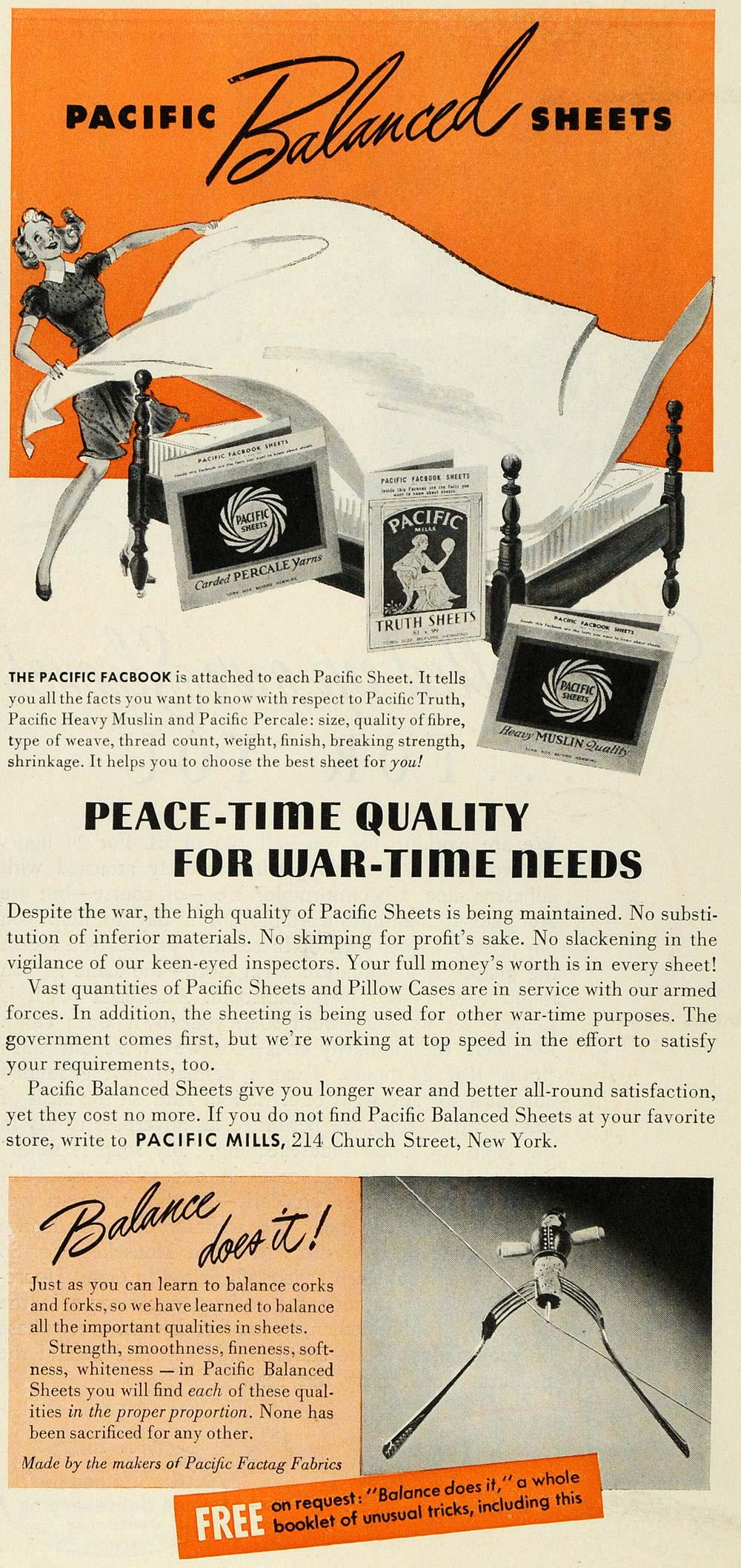 1942 Ad Pacific Mills Balanced Sheets Muslin Percale - ORIGINAL ADVERTISING GH4