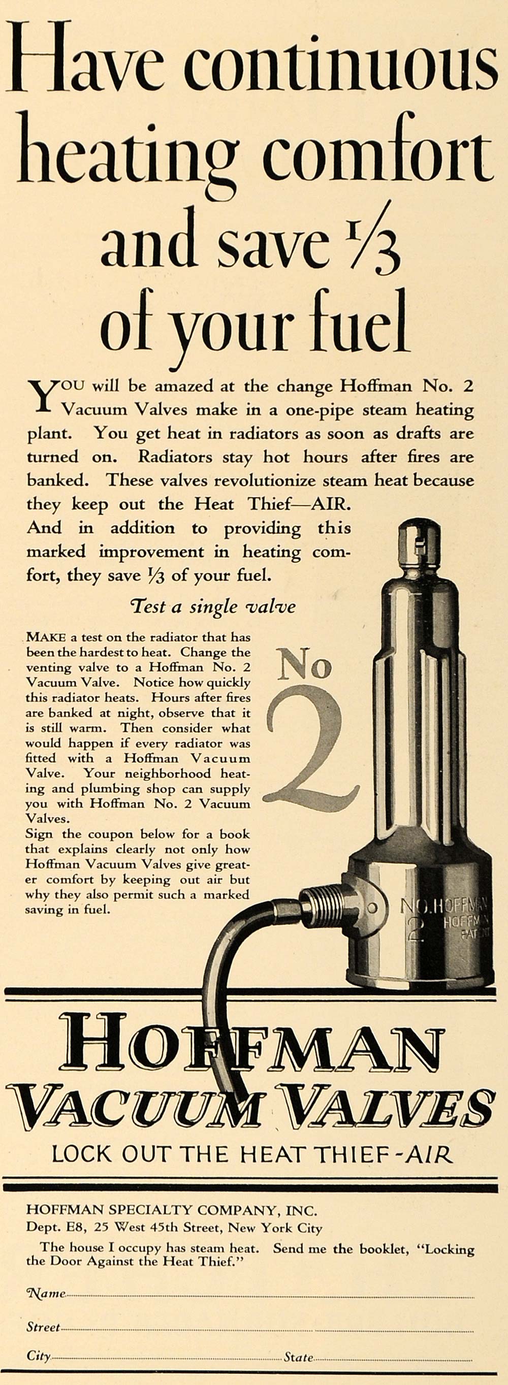 1926 Ad Hoffman No 2 Vacuum Valves Heat Fuel Radiator - ORIGINAL GHB1