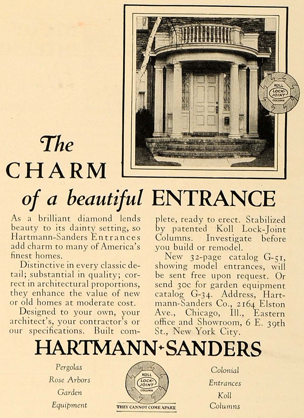 1926 Ad Lock Joint Column Hartmann Sanders Entrance - ORIGINAL ADVERTISING GHB1